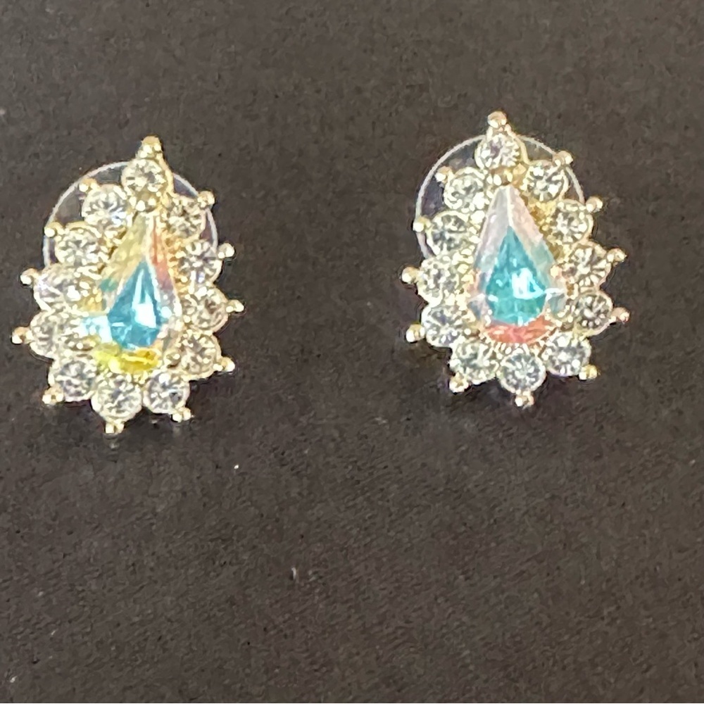 Roman Vintage Rhinestone Cluster Earrings – Iridescent Teardrop Statement Studs